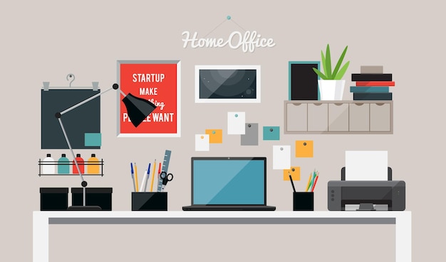 Ilustración interior de oficina en casa plana con escritorio