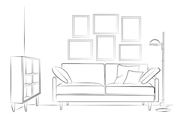 Ilustración del interior de una sala de estar moderna. Sala de estar con sofá y almohadas