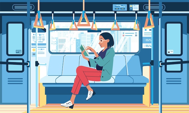 Ilustración interior del tren con mujeres jóvenes sentadas mientras leen un libro en el tren junto a la ventana