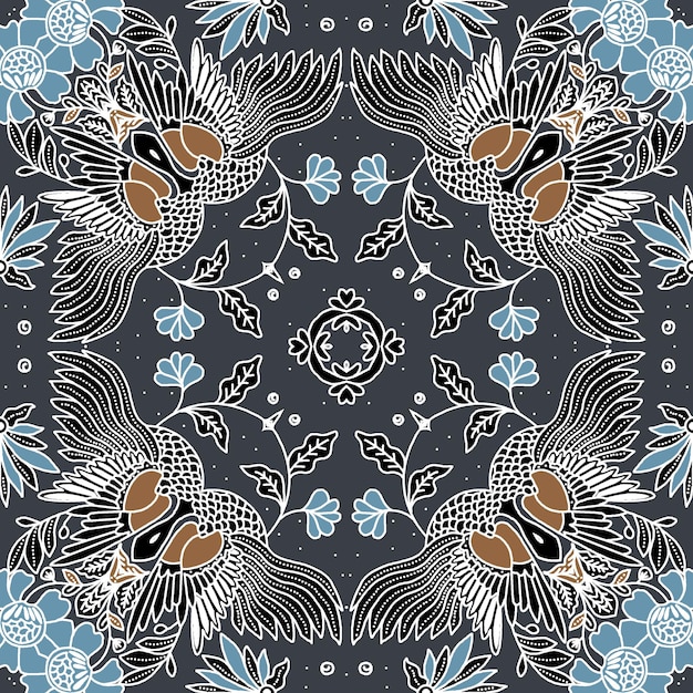 Ilustración intrincada de pájaros y flores con composición simétrica