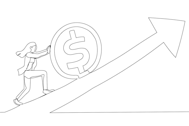 Ilustración de una inversionista empresaria que se esfuerza por impulsar bitcoin hacia arriba, gráfico de flecha ascendente y gráfico El precio de Bitcoin y crypto aumenta Un estilo de arte de línea continua
