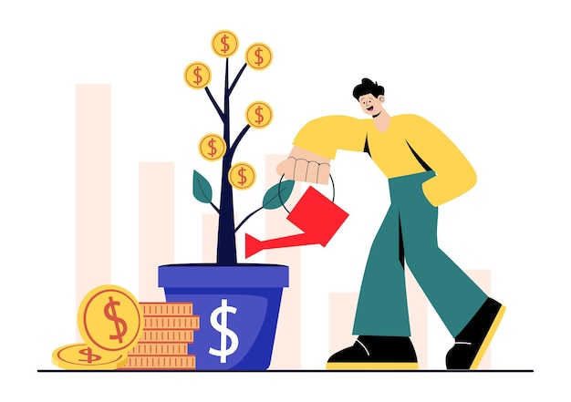 Ilustración del inversor empresario con fondos mutuos, activos, crecimiento económico, ganancias financieras y aumento de las ganancias en el fondo