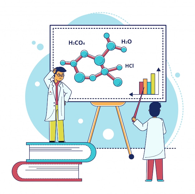 Ilustración de investigación de laboratorio de línea, pequeño personaje científico de dibujos animados trabajando, analizando la estructura molecular en blanco