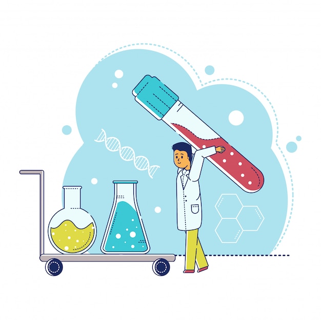 Ilustración de investigación de laboratorio de línea, personaje de científico diminuto de dibujos animados haciendo prueba de experimento en tubo de ensayo en blanco