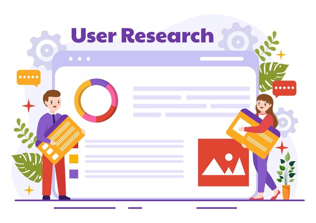 Ilustración de investigación de usuarios de personas que buscan y exploran en redes para diseñar proyectos en línea