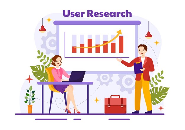 Ilustración de investigación de usuarios de personas que buscan y exploran en redes para diseñar proyectos en línea