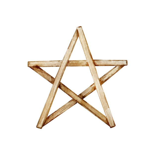 Ilustración de invierno acuarela, estrella de madera de Navidad sobre un fondo blanco.