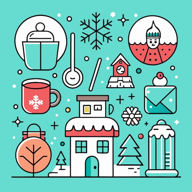 Ilustración de invierno colorida con una taza de copo de nieve de la casa y otros iconos de invierno