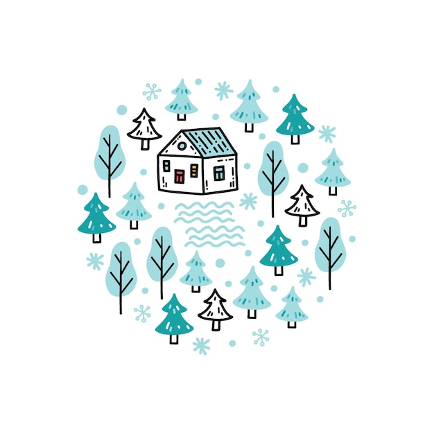 Vector ilustración de invierno con lindos copos de nieve de árboles de casas diminutas