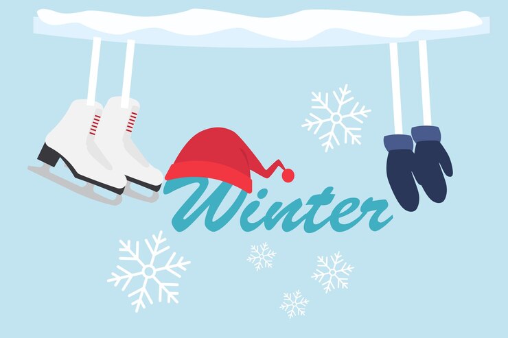 Ilustración de invierno con sombrero, patines de hielo y guantes.