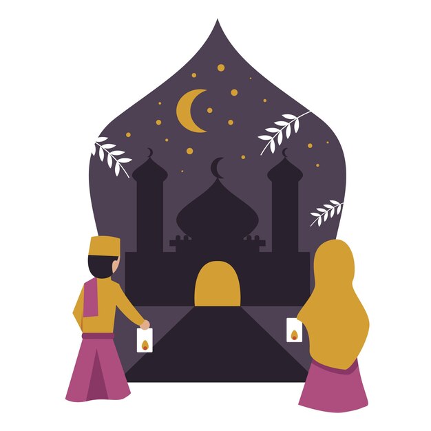 Ilustración de ir a la oración en medio de la noche diseño plano tema de Ramadán