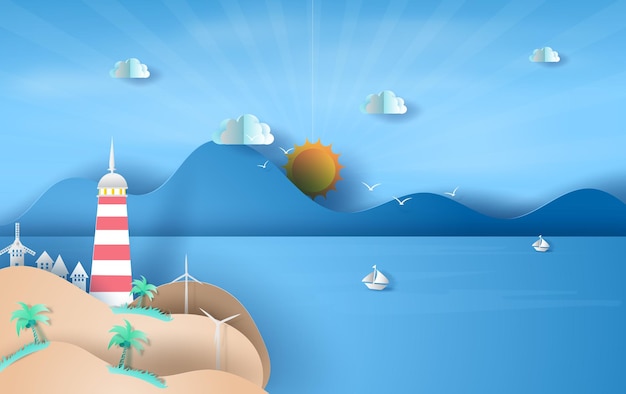 Vector ilustración de la isla con faro en el cielo azul con vistas al mar, concepto de temporada de verano, barco flotando en el mar en el cielo azul. diseño gráfico paisaje costero, artesanía de papel e idea de corte, vector.