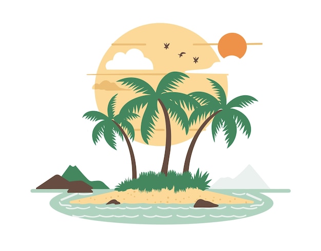 Ilustración de una isla tropical con palmeras, puestas de sol, pájaros volando, escena serena de la playa, océano.