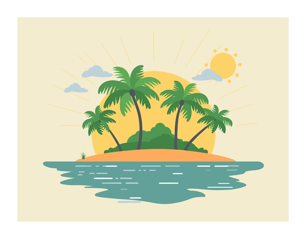 Ilustración de una isla tropical puesta de sol palmeras sol brillante mar tranquilo concepto de destino de vacaciones