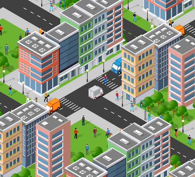 Ilustración isométrica 3d del barrio de la ciudad con casas