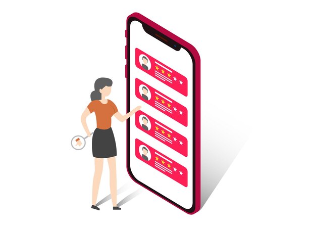 Ilustración isométrica 3D para empresas Una mujer analiza reseñas en redes sociales