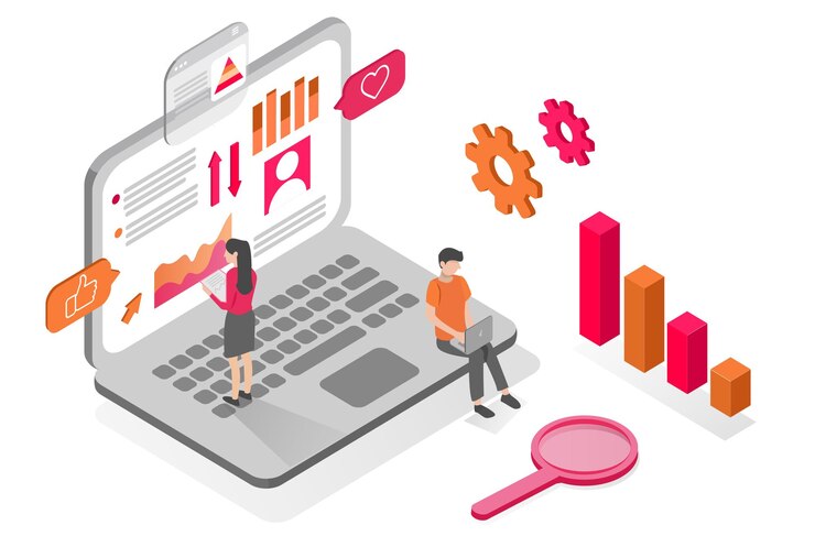 Vector ilustración isométrica 3d para gente de negocios que está trabajando en el análisis del sitio web de la empresa