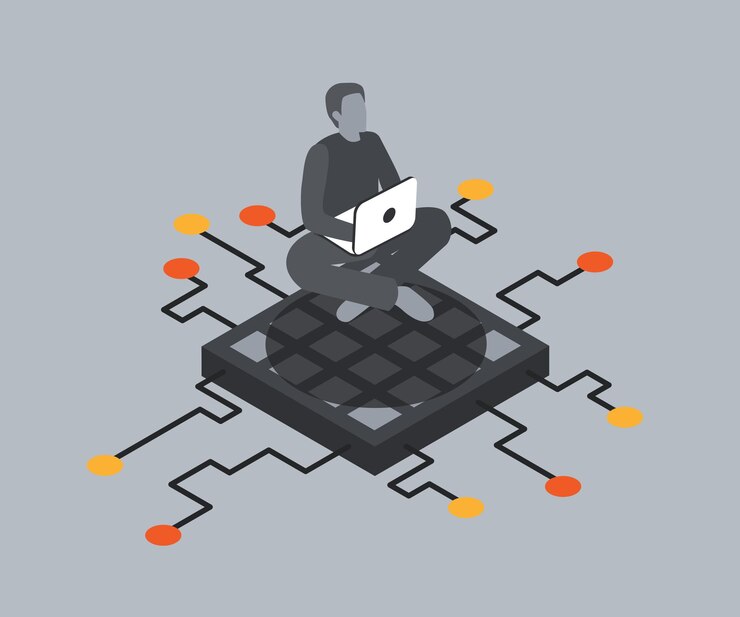 Vector ilustración isométrica 3d un hombre con un microcircuito portátil con inteligencia artificial