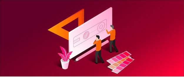 Ilustración isométrica 3d para marketing los diseñadores diseñan el logotipo seleccionan el esquema de color