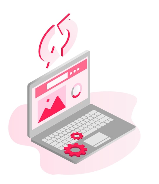 Ilustración isométrica 3d para marketing Isometry la imagen muestra una computadora portátil con un sitio web abierto