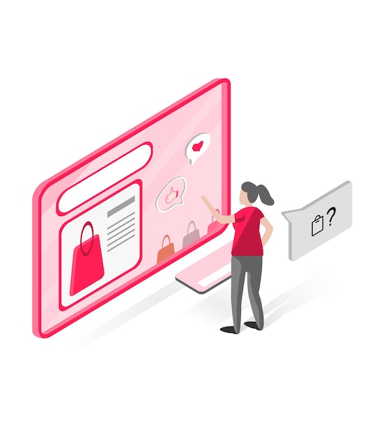 Ilustración isométrica 3d para marketing Isometry una mujer analiza el sitio web de una tienda en línea