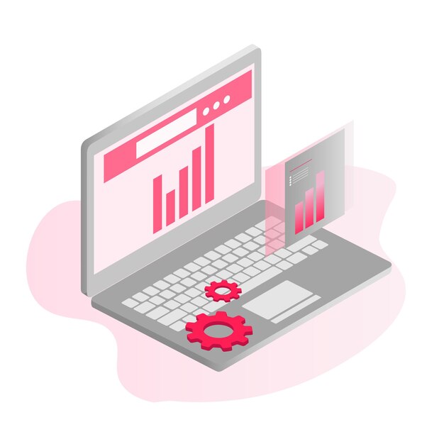 Ilustración isométrica 3d para negocios isometría se coloca una computadora portátil en los gráficos de imagen