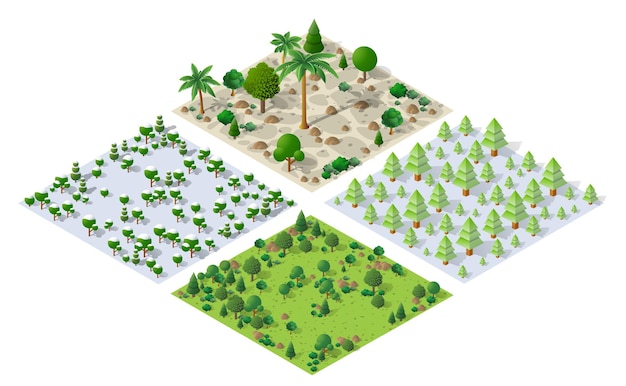 Ilustración isométrica en 3D de parques, árboles, bosques y elementos de la naturaleza