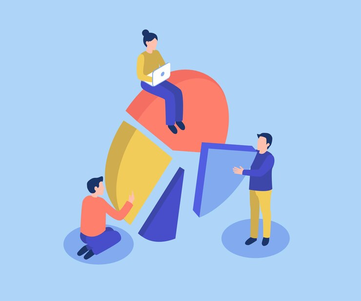 Vector ilustración isométrica 3d las personas recopilan partes del diagrama crecimiento del rendimiento del trabajo en equipo