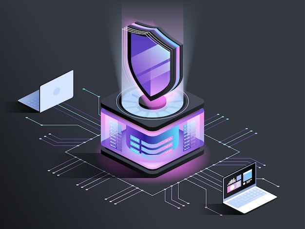 Ilustración isométrica abstracta del programa antivirus. Ciberseguridad, tecnología de cifrado de datos concepto 3D de color oscuro. Software de seguridad de malware. Protección contra ataques de piratas informáticos y acceso no autorizado