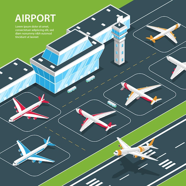 Ilustración isométrica del aeropuerto con texto editable y edificio de la terminal del aeropuerto y aviones en la franja de vuelo