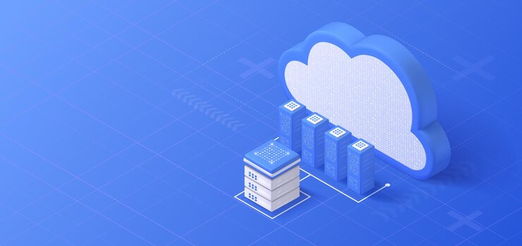 Vector ilustración isométrica de almacenamiento en la nube plataforma de servidor de datos tecnología de servicios informáticos