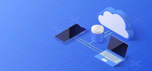 Ilustración isométrica de almacenamiento en la nube Plataforma de servidor de datos Tecnología de servicios informáticos