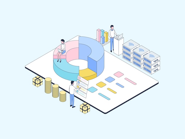 Ilustración Isométrica Analítica De Negocios Color Lineal. Adecuado para aplicaciones móviles, sitios web, pancartas, diagramas, infografías y otros recursos gráficos.