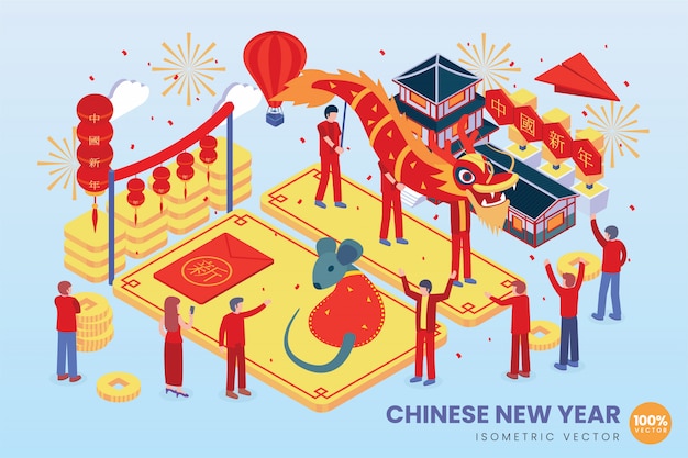 Ilustración isométrica del año nuevo chino