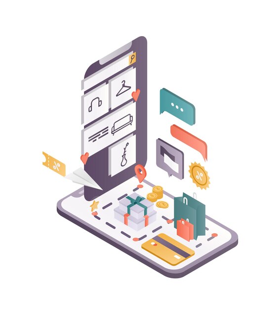 Ilustración isométrica de la aplicación de compras en línea. Software móvil, aplicación de tienda de Internet