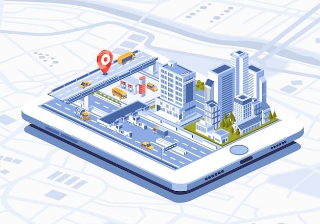 Ilustración isométrica de la aplicación móvil smart city en tableta