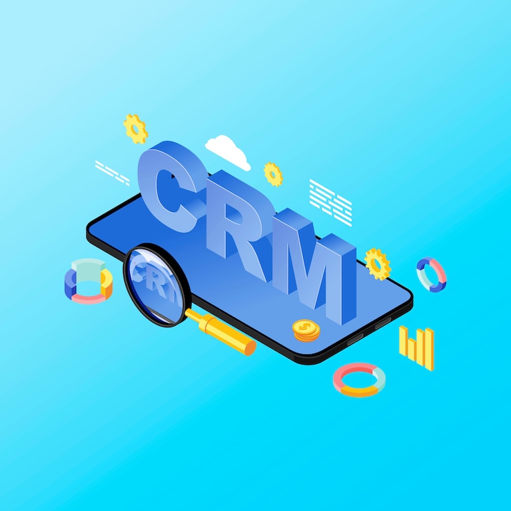 Vector ilustración isométrica de la aplicación del sistema crm de teléfono inteligente. aplicación móvil de gestión de relaciones con clientes, software. métricas de ventas, análisis de datos del cliente en concepto de teléfono 3d aislado sobre fondo azul