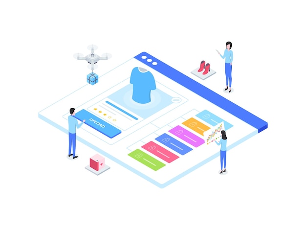 Ilustración isométrica de carga de catálogo de comercio electrónico. Adecuado para aplicaciones móviles, sitios web, banners, diagramas, infografías y otros activos gráficos.