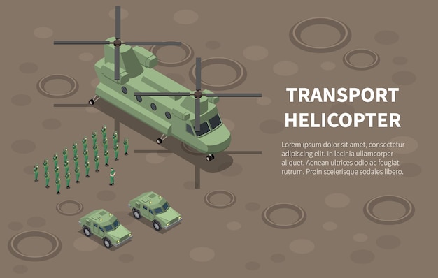 Vector ilustración isométrica de carga de utilidad de tropas de transporte de helicópteros de la fuerza aérea militar con vehículos terrestres del regimiento de infantería