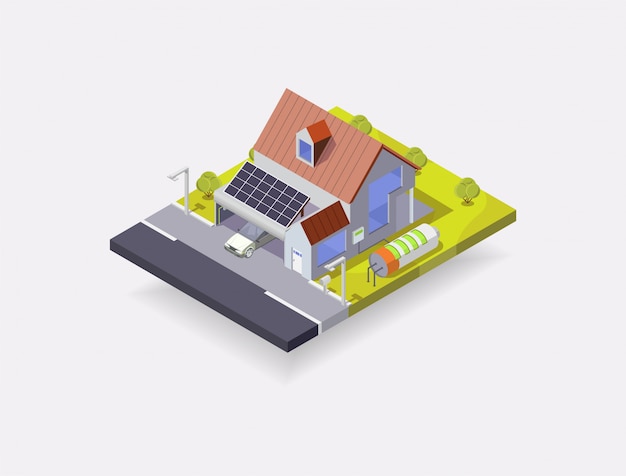 Ilustración isométrica de la casa solar, casa con batería y paneles solares