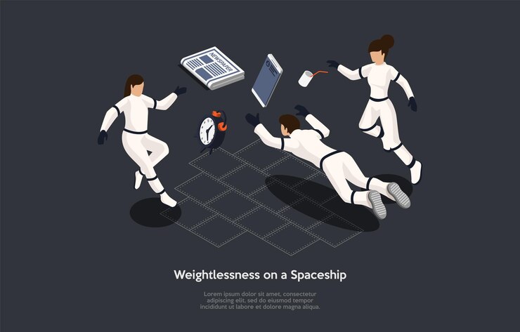 Vector ilustración isométrica. composición de estilo de dibujos animados de vector, diseño 3d. personajes, escritura y elementos sobre fondo oscuro. ingravidez en nave espacial, tres astronautas en trajes flotantes, infografías.