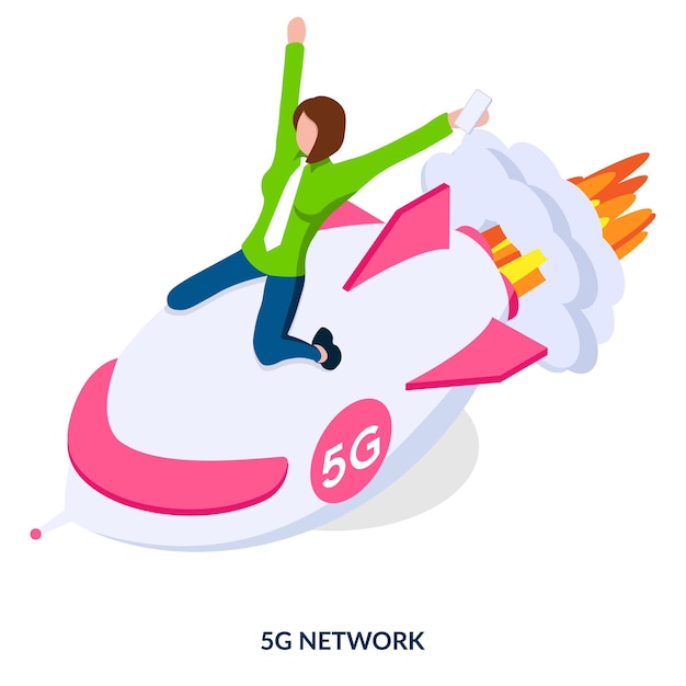 Ilustración isométrica del concepto 5G sobre fondo blanco