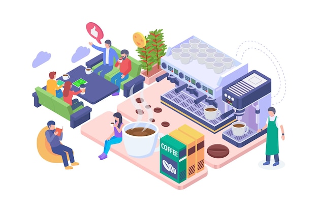 Ilustración isométrica del concepto de amante del café