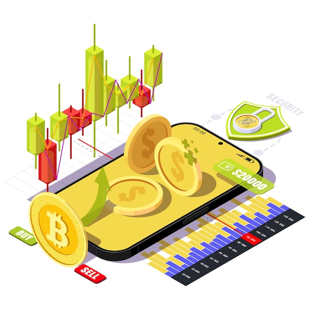 Ilustración isométrica del concepto de comercio de criptomonedas Inversión en ilustración de dinero digital