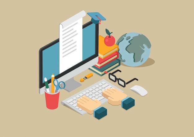 Ilustración isométrica del concepto de cursos de e-learning de educación en línea Brazos en el teclado manzana en libros monitor computadora globo graduación cap.