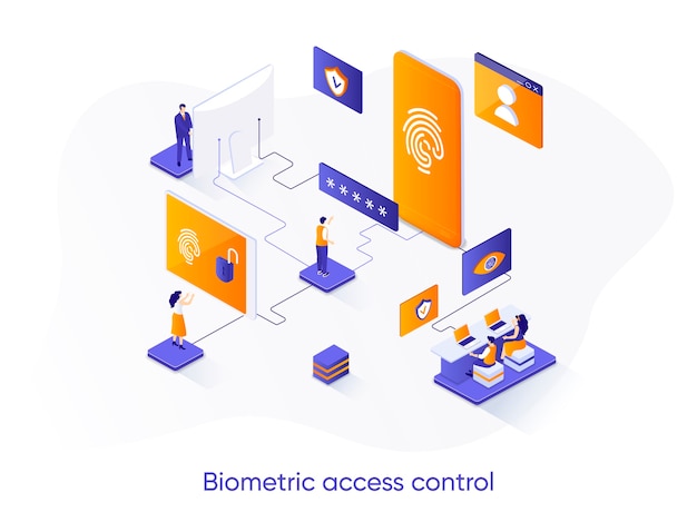 Ilustración isométrica de control de acceso biométrico con personajes de personas