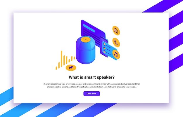 Ilustración isométrica del control digital de altavoces inteligentes para sitios web.