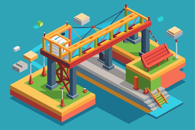 Una ilustración isométrica detallada muestra la construcción de puentes con elementos y estructuras coloridas Ilustración isometrica personalizable de la construcción de Puentes