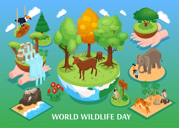 Vector ilustración isométrica del día mundial de la vida silvestre con animales de dibujos animados de la sabana y el océano de la selva del bosque