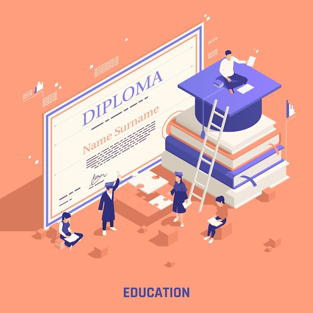 Ilustración isométrica del diploma de educación oficial